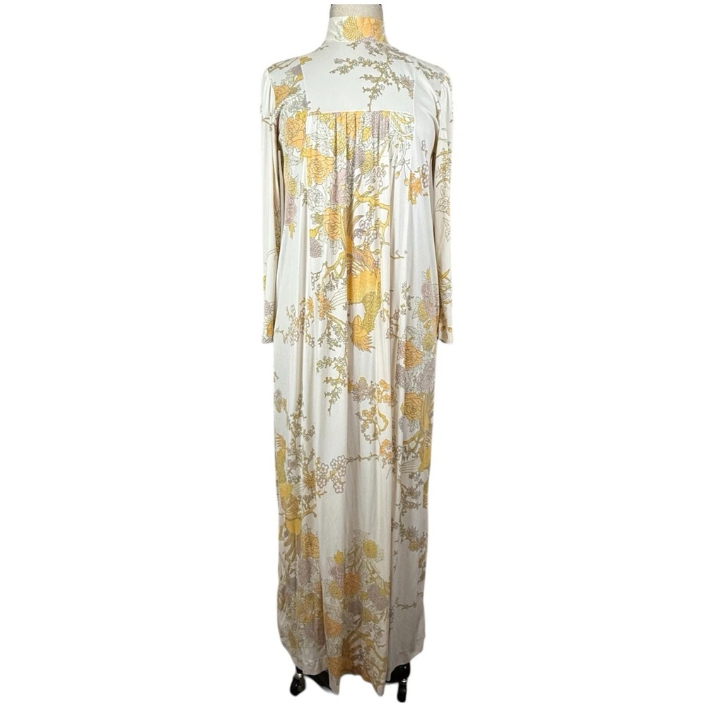 Vtg Kayser Nightgown Womens M White Floral Bird Print Nylon Maxi Mock Neck